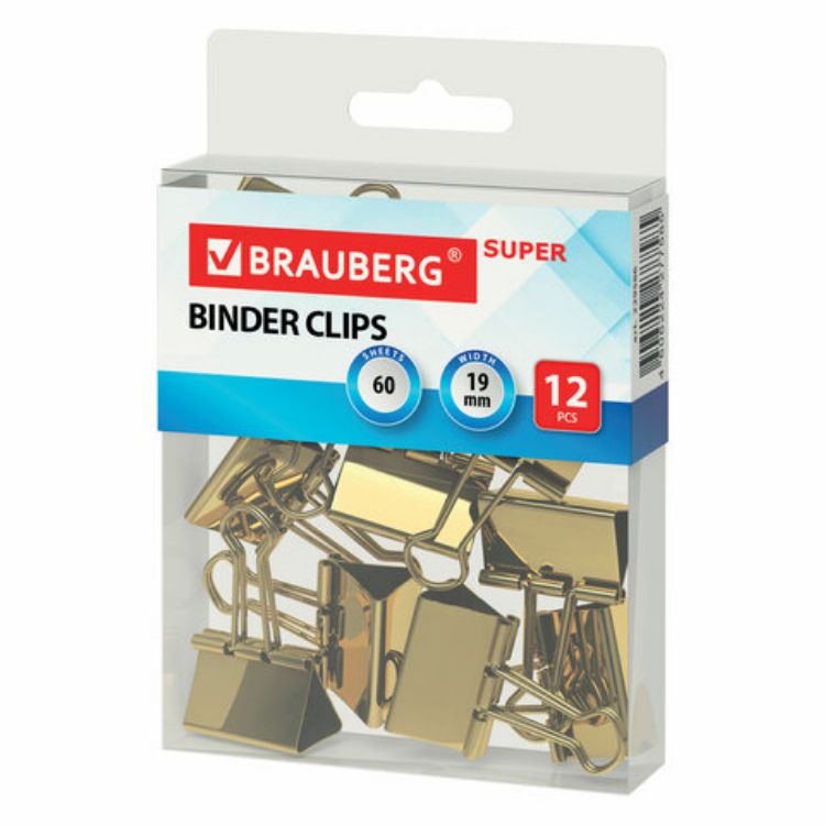 Изображение Зажимы для бумаг BRAUBERG EXTRA, КОМПЛЕКТ 12 шт., 19 мм, на 60 л., золотистые, европодвес, 229586