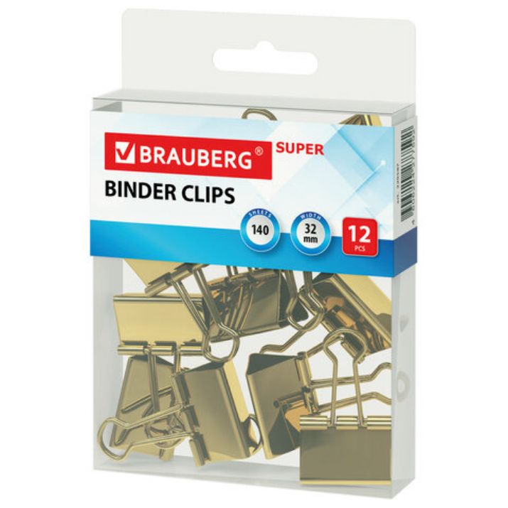 Изображение Зажимы для бумаг BRAUBERG EXTRA, КОМПЛЕКТ 12 шт., 32 мм, на 140 л., золотистые, европодвес, 229587