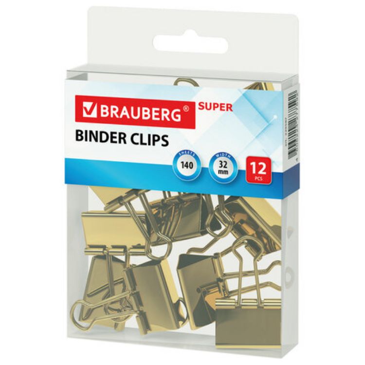 Изображение Зажимы для бумаг BRAUBERG EXTRA, КОМПЛЕКТ 12 шт., 32 мм, на 140 л., золотистые, европодвес, 229587