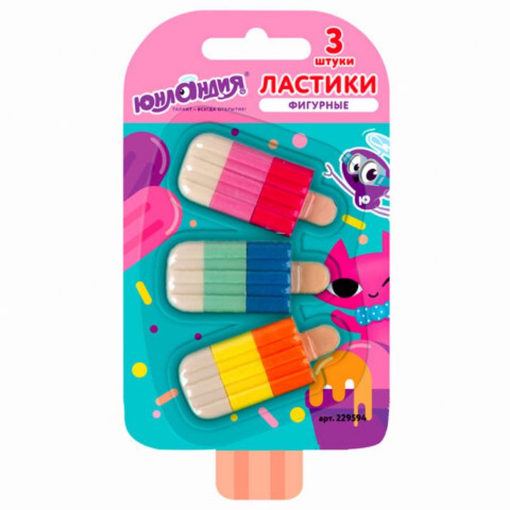 Изображение Набор ластиков фигурных ЮНЛАНДИЯ "СЛАДКИЕ ИСТОРИИ", 3 шт., ассорти, 229594