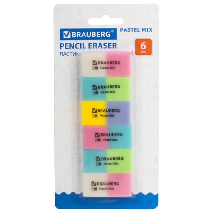 Изображение Набор ластиков BRAUBERG "Pastel Mix", 6 шт., цвета ассорти, 44х21х10 мм, экологичный ПВХ, 229597