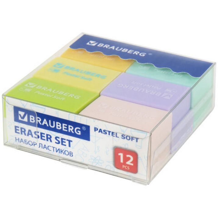 Изображение Ластики BRAUBERG "Pastel Soft" НАБОР 12 шт., размер ластика 31х20х10 мм, экологичный ПВХ, 229598