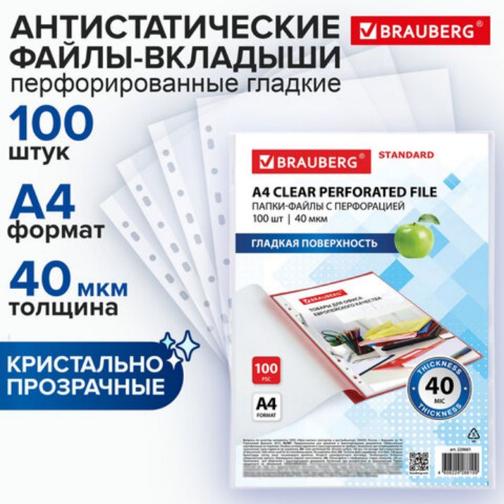 Изображение Папки-файлы перфорированные А4 BRAUBERG "STANDARD", КОМПЛЕКТ 100 шт., гладкие, 40 мкм, 229661