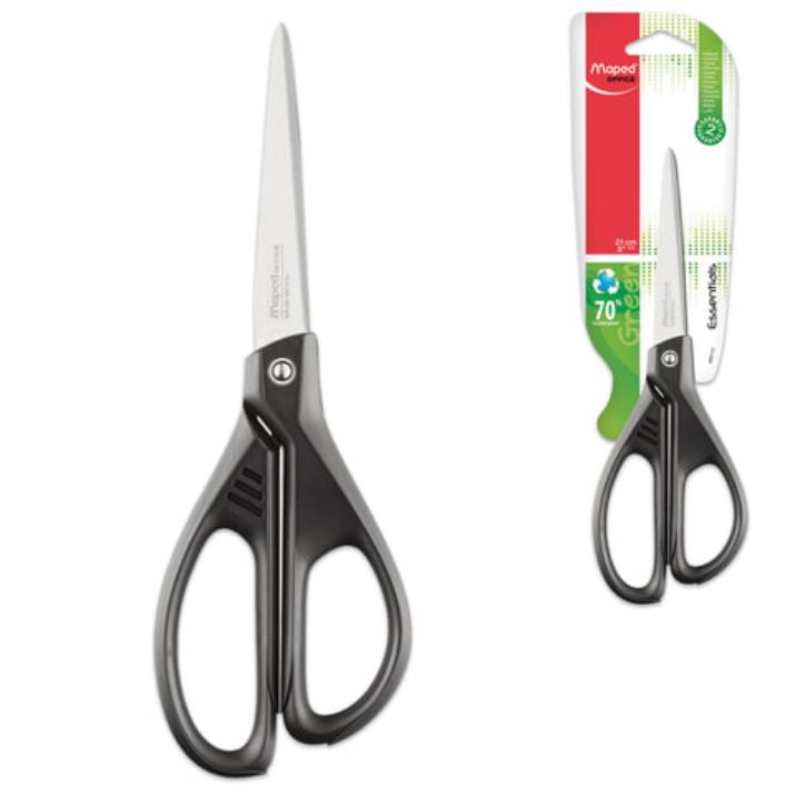 Изображение Ножницы MAPED (Франция) "Essentials Green", 210 мм, черные, эргономичные ручки, картонная упаковка с европодвесом, 468110