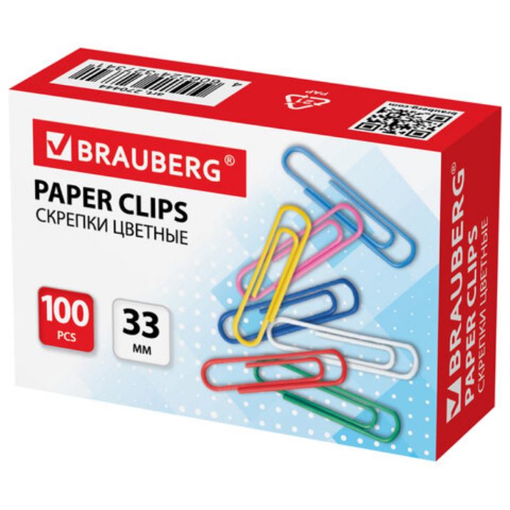 Изображение Скрепки BRAUBERG, 33 мм, цветные, 100 шт., в картонной коробке, 270444