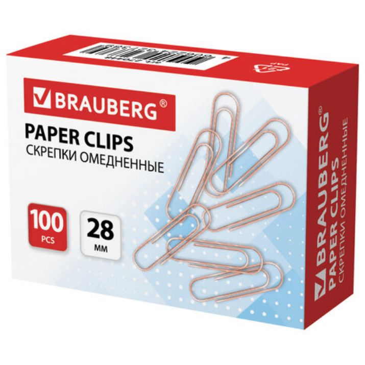 Изображение Скрепки BRAUBERG, 28 мм, омедненные, 100 шт., в картонной коробке, 270448