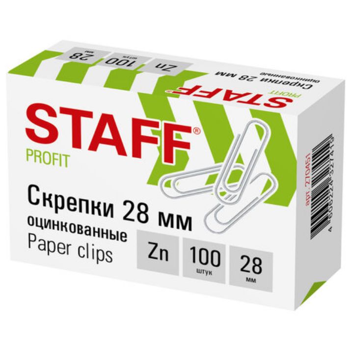 Изображение Скрепки STAFF, 28 мм, оцинкованные, 100 шт., в картонной коробке, 270451