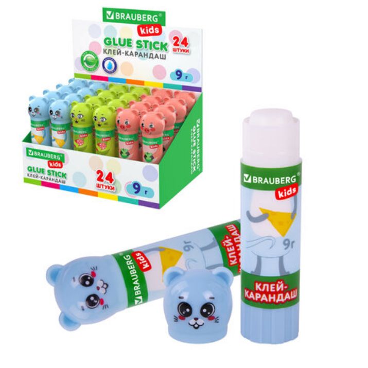 Изображение Клей-карандаш "Зверята: кошка, мышка, хрюшка", 9 г, фигурный колпачок, BRAUBERG KIDS, 271138