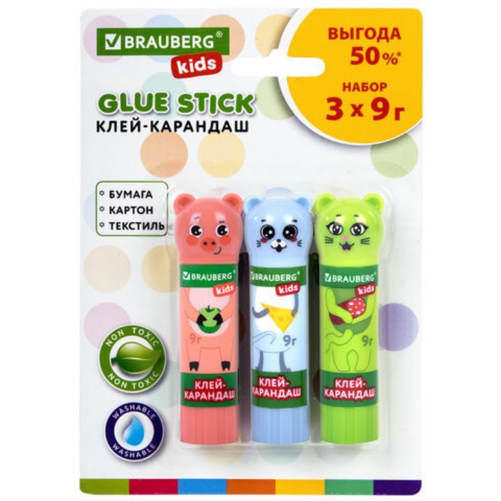 Изображение Клей-карандаш "Зверята: кошка, мышка, хрюшка", 9 г, фигурный колпачок, 3 шт./блистер, BRAUBERG KIDS, 271141