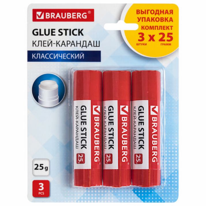 Изображение Клей-карандаш 25 г ВЫГОДНАЯ УПАКОВКА BRAUBERG, 3 штуки на блистере, 271306