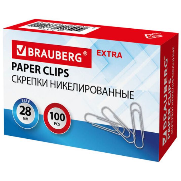 Изображение Скрепки EXTRA BRAUBERG 28 мм никелированные 100 штук, 271312