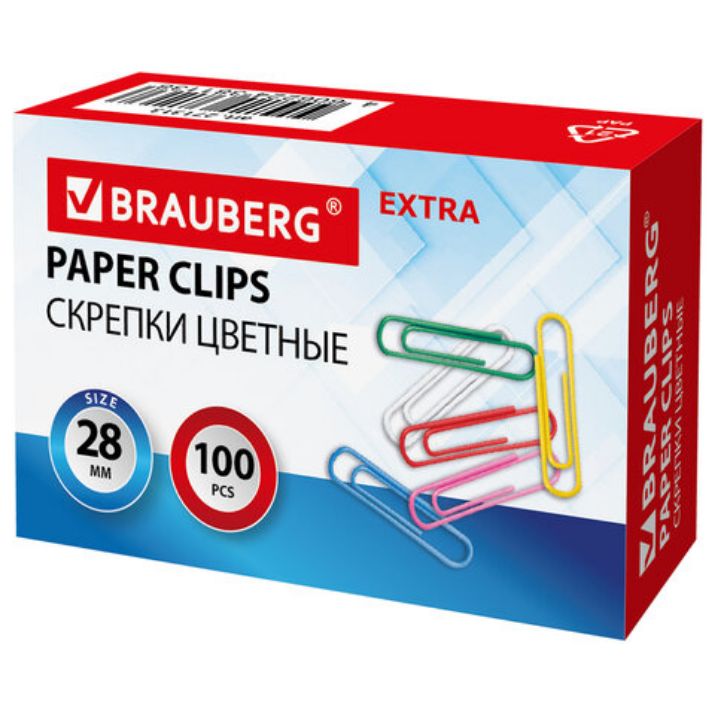 Изображение Скрепки EXTRA BRAUBERG 28 мм цветные 100 штук, 271313