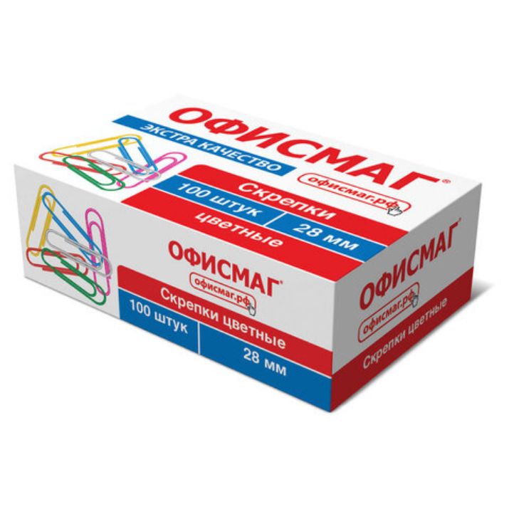 Изображение Скрепки ЭКСТРА ОФИСМАГ 28 мм цветные 100 штук, 271316