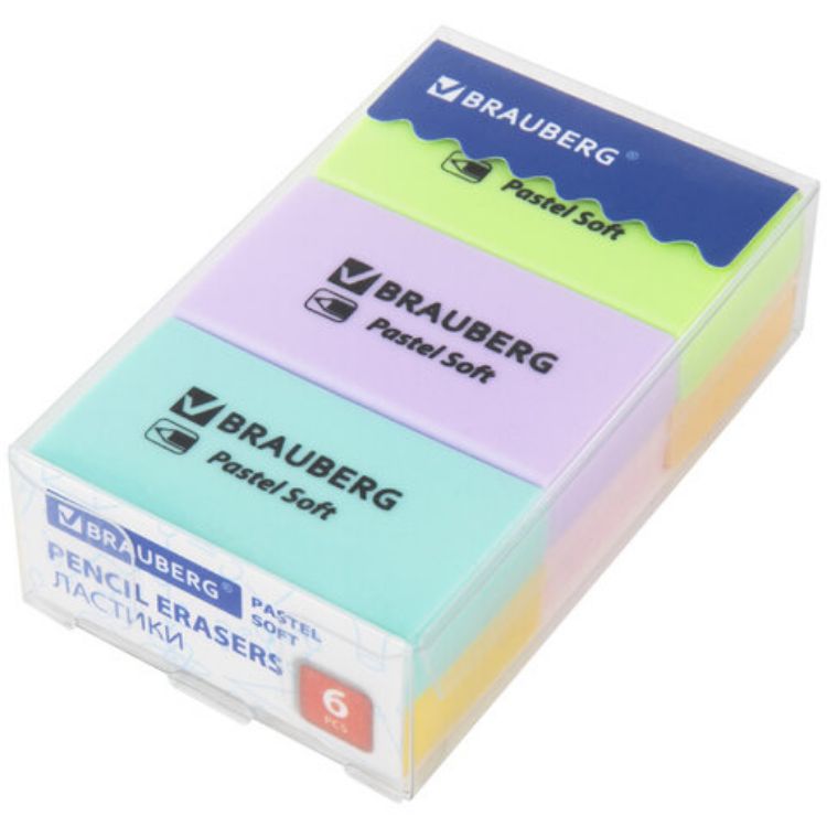 Изображение Ластики BRAUBERG PASTEL SOFT НАБОР 6 шт., размер ластика 45х25х10 мм, экологичный ПВХ, 271340