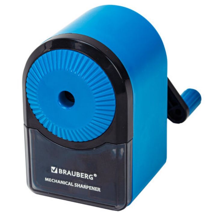 Изображение Точилка механическая BRAUBERG ULTRA для чернографитных и цветных карандашей, крепление к столу, цвет корпуса голубой с черным, 271342