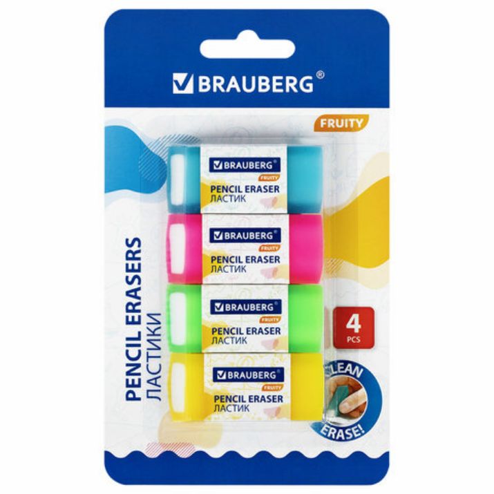 Изображение Ластики полупрозрачные BRAUBERG FRUITY НАБОР 4 штуки, размер ластика 54х23х10 мм, упаковка блистер, 271343