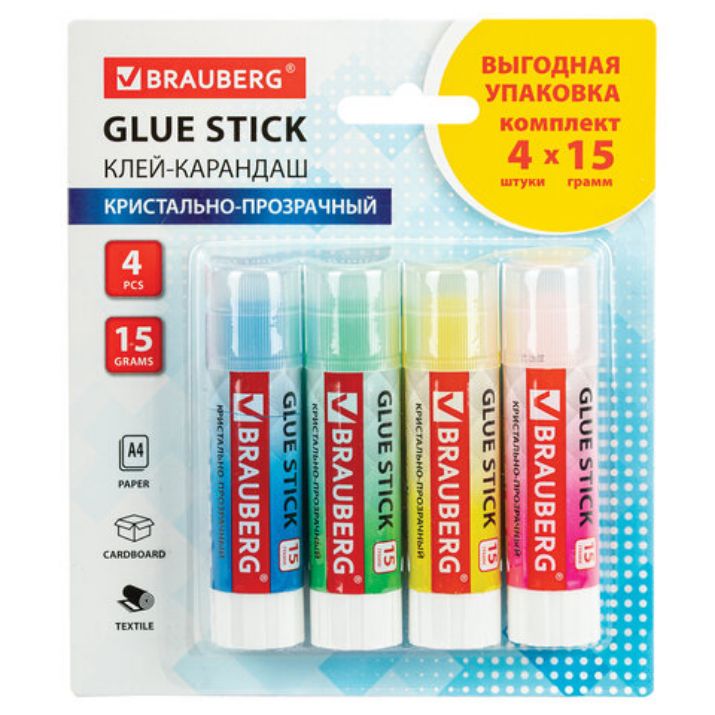 Изображение Клей-карандаш 15 г ВЫГОДНАЯ УПАКОВКА BRAUBERG "COLOR Crystal", 4 штуки на блистере, 271709