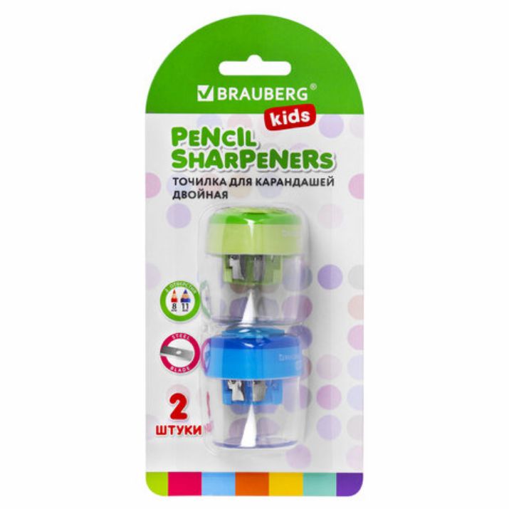 Изображение Точилки BRAUBERG KIDS "MAXI", 2 ШТУКИ, 2 отверстия, с большим контейнером, трехгранный корпус, цвета ассорти, блистер, 271947