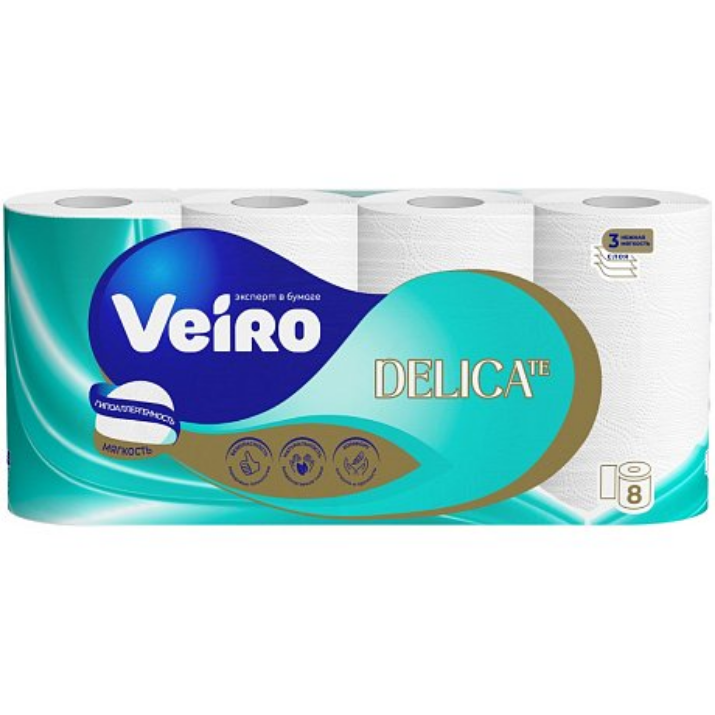 Изображение Бумага туалетная Veiro Delicate, 8 рулонов, 3 слоя, белый (T319)