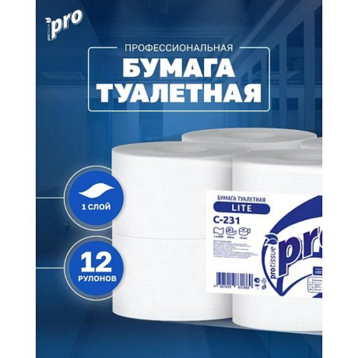 Изображение Бумага туалетная PROtissue 200м, 1 cлой, 100% целлюлоза (C231)
