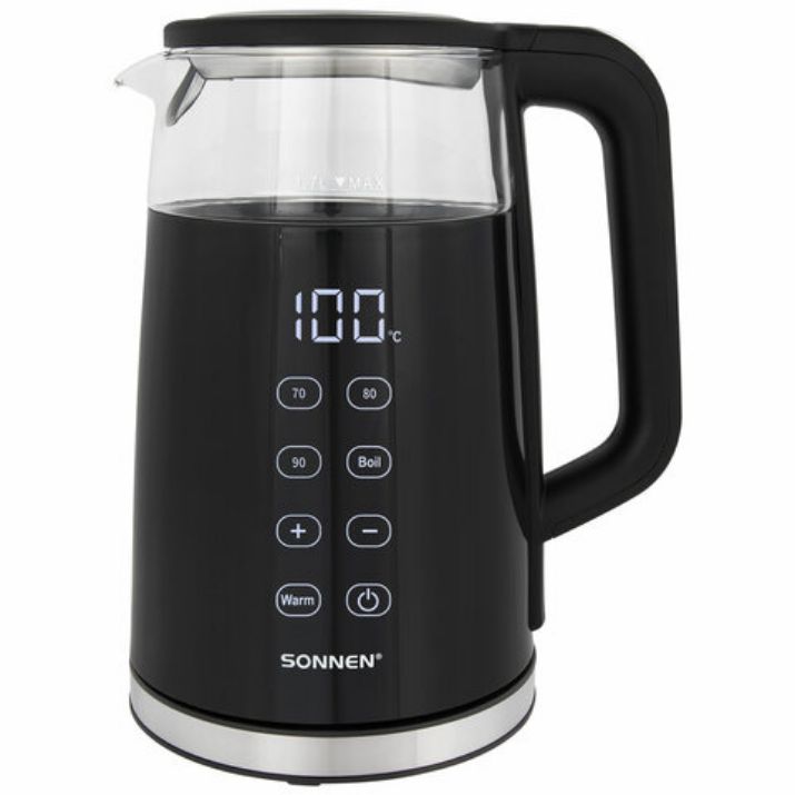 Изображение Чайник с терморегулятором и дисплеем, ДВОЙНЫЕ СТЕНКИ, SONNEN KT-8717, 1,7 л, 2200 Вт, черный, 454687