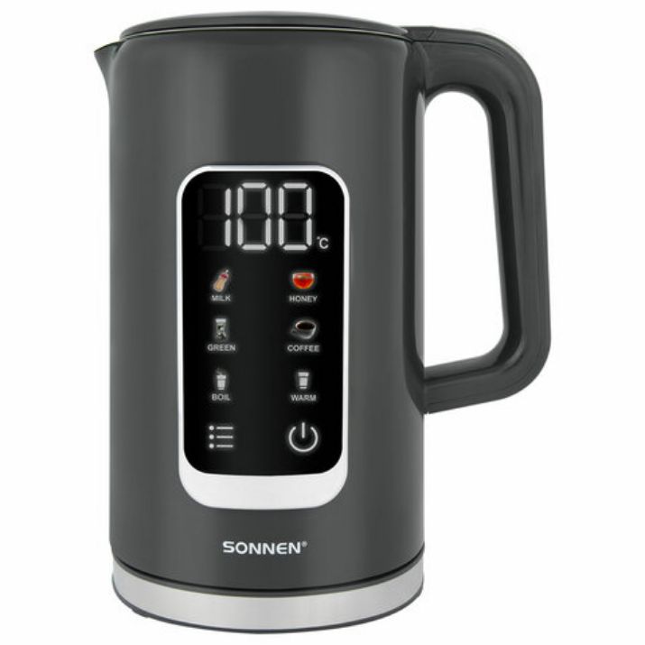 Изображение Чайник с терморегулятором и дисплеем, ДВОЙНЫЕ СТЕНКИ, SONNEN KT-8723G, 1,7 л, 2200 Вт, серый, 454690