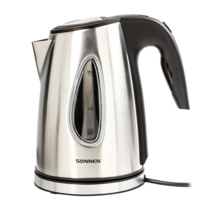 Изображение Чайник SONNEN KT-1721, 1,7 л, 2200 Вт, закрытый нагревательный элемент, нержавеющая сталь, черный, подсветка, 454347