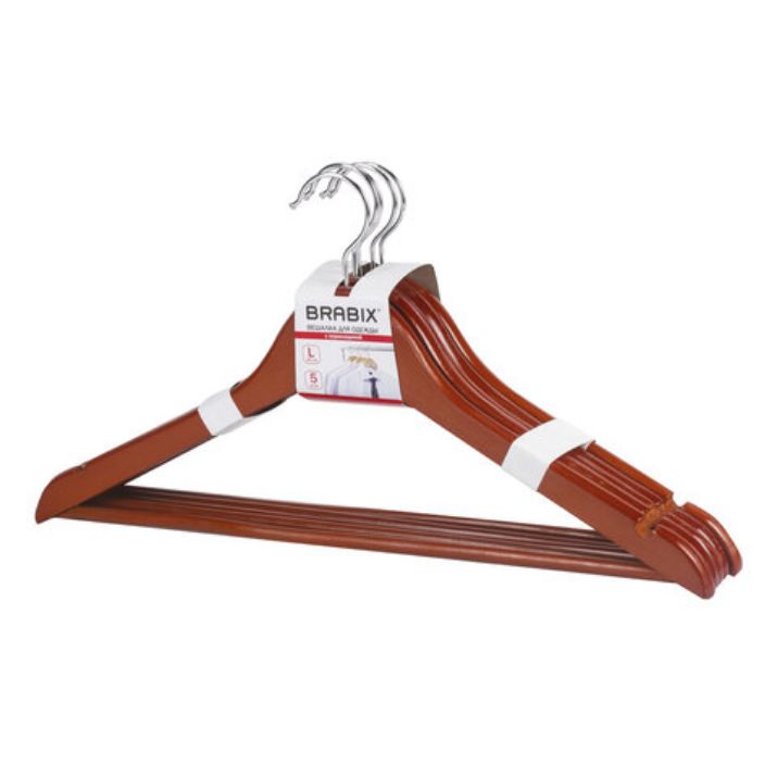 Изображение Вешалки-плечики, размер 48-50, КОМПЛЕКТ 5 шт., дерево, перекладина, цвет вишня, BRABIX "Стандарт", 601161
