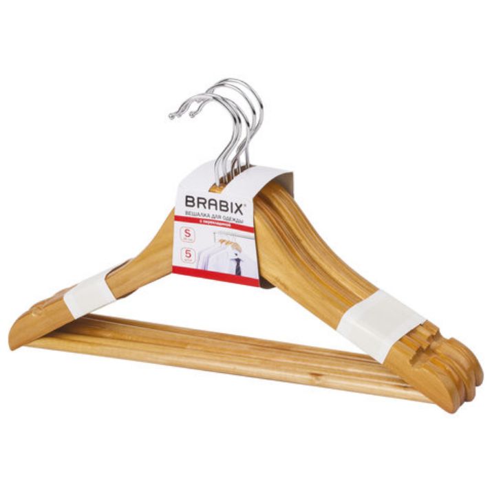 Изображение Вешалки-плечики, размер 36-40, МАЛЫЙ РАЗМЕР, КОМПЛЕКТ 5 шт., деревянные, перекладина, цвет сосна, BRABIX "Стандарт", 601160