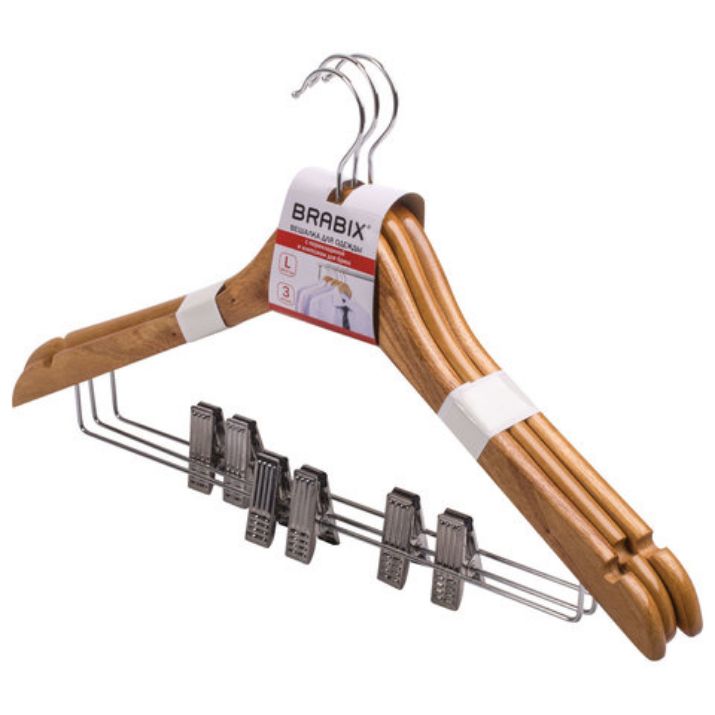 Изображение Вешалки-плечики, размер 48-50, КОМПЛЕКТ 3 шт., деревянная, клипсы для брюк, цвет сосна, BRABIX "Стандарт", 601170