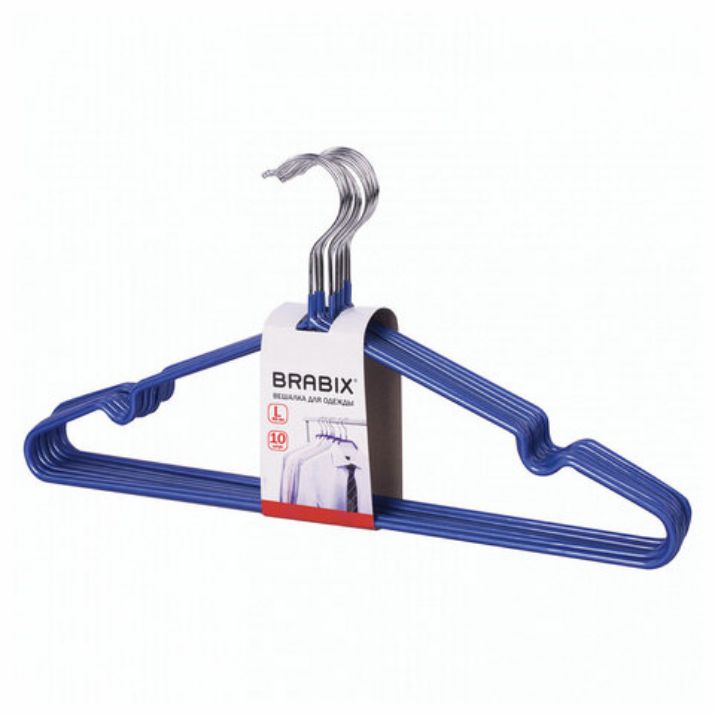 Изображение Вешалки-плечики, размер 48-50, КОМПЛЕКТ 10 шт., металл/ПВХ, перекладина, цвет синий, BRABIX "Стандарт", 601166