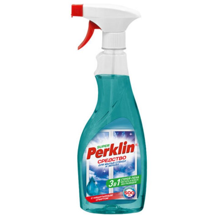 Изображение Средство для мытья стекол и зеркал спрей/пена с нашатырным спиртом 500 мл, PERKLIN SUPER, распылитель, 700632