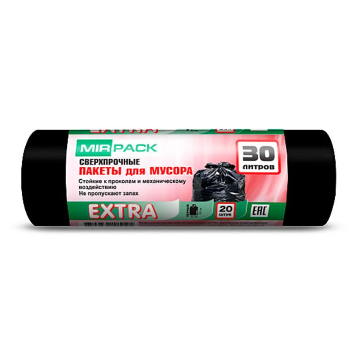 Изображение Мешки для мусора MIRPACK "EXTRA" 30 литров, в рулоне 20 штук, ПНД, 12 мкм