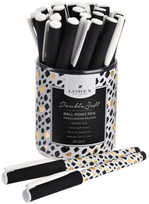 Изображение Ручка шариковая на масляной основе LOREX MONOCHROME FAUVISM DOUBLE SOFT синяя 0,7 мм, черно-белый круглый корпус, покрытие ultra-soft touch, игольчатый наконечник